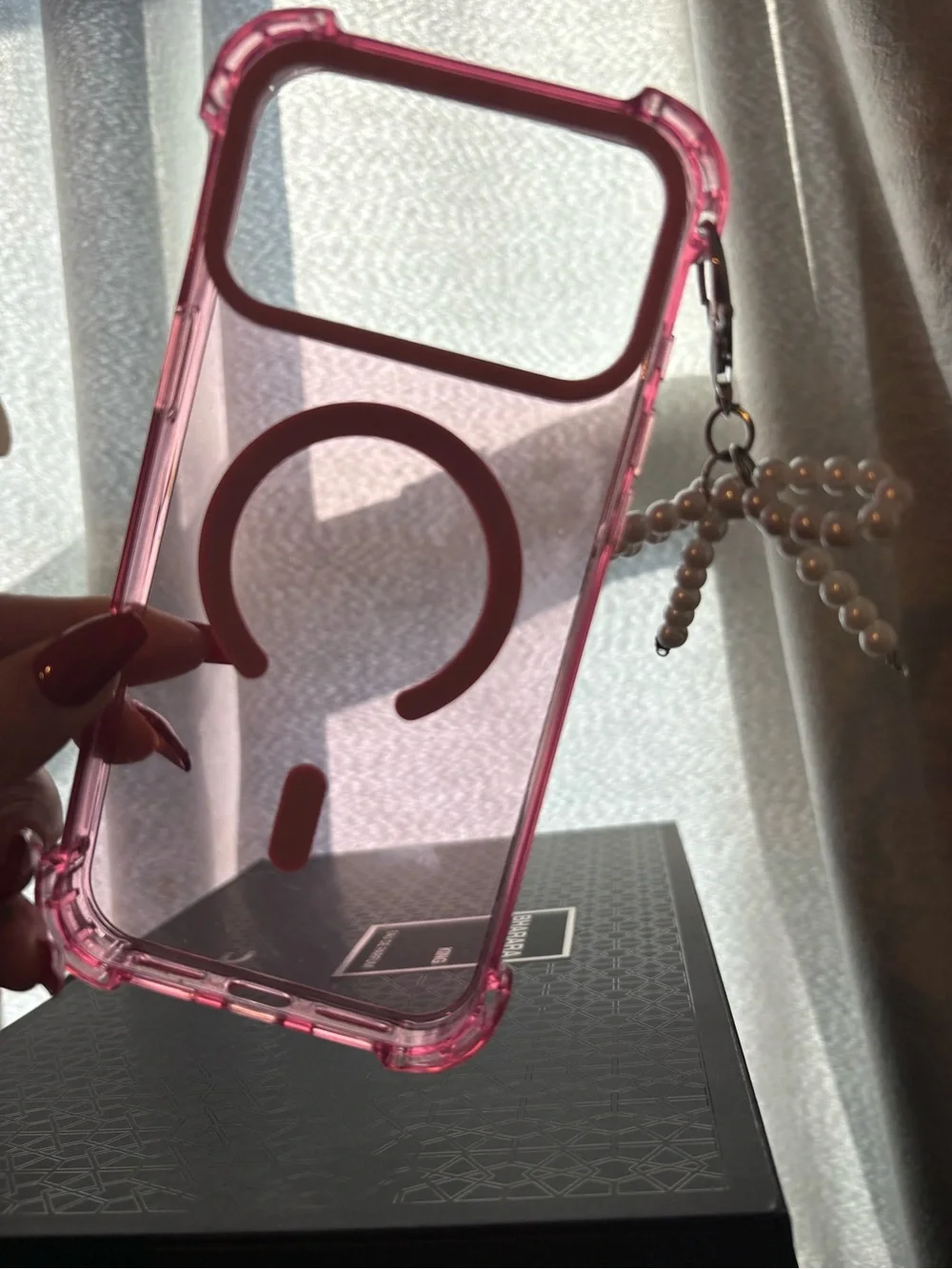 Pink Clear IPhone Case with Pearl Charm